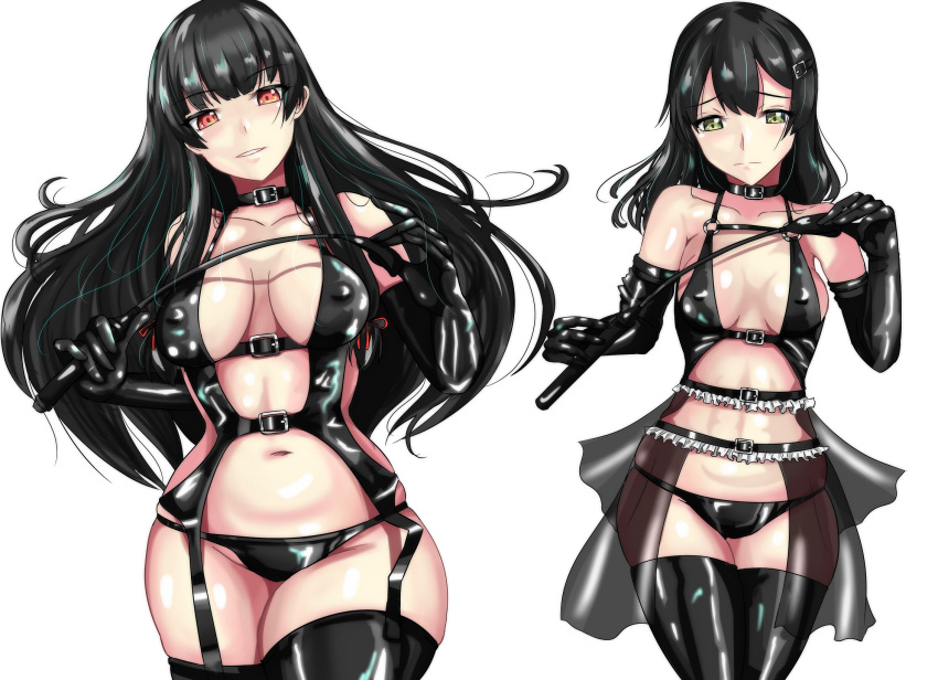 2girls bdsm black_hair blush bondage bound breasts breasts_apart closed_mouth commentary_request covered_nipples dominatrix elbow_gloves eyebrows_visible_through_hair gloves green_eyes hair_ornament hairclip highres isokaze_(kancolle) kantai_collection ken_(shutenndouji1) large_breasts latex latex_bra latex_choker latex_gloves latex_legwear latex_panties long_hair medium_breasts multiple_girls navel oyashio_(kancolle) panties partial_commentary red_eyes simple_background smile thighhighs underwear whip white_background