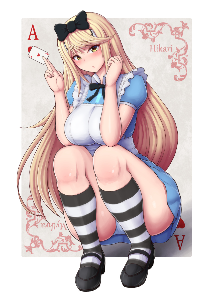 1girl absurdres alice_(alice_in_wonderland) alice_(alice_in_wonderland)_(cosplay) alice_in_wonderland bangs blonde_hair breasts chest_jewel cosplay highres large_breasts long_hair mythra_(xenoblade) panties ponponmaru solo swept_bangs underwear very_long_hair xenoblade_chronicles_(series) xenoblade_chronicles_2 yellow_eyes