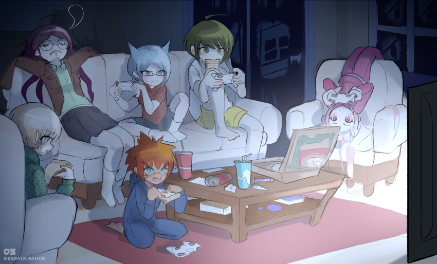 3boys 3girls coffee_table daimon_masaru daimon_masaru_(danganronpa) danganronpa_(series) danganronpa_another_episode:_ultra_despair_girls despair_sauce food fukawa_touko game_console highres indoors kemuri_jatarou long_hair loose_socks multiple_boys multiple_girls naegi_komaru pajamas pizza pizza_box pizza_slice shingetsu_nagisa short_hair skirt sleeping sleepover sleepwear television utsugi_kotoko