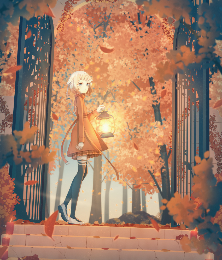 1girl absurdres autumn autumn_leaves bangs black_legwear blonde_hair blue_eyes blurry blurry_background blurry_foreground bow braid cevio coat commentary eyebrows_visible_through_hair full_body hair_bow highres holding holding_lantern lantern long_hair multicolored_hair one_(cevio) outdoors pleated_skirt sakakidani skirt solo stairs standing thighhighs two-tone_hair