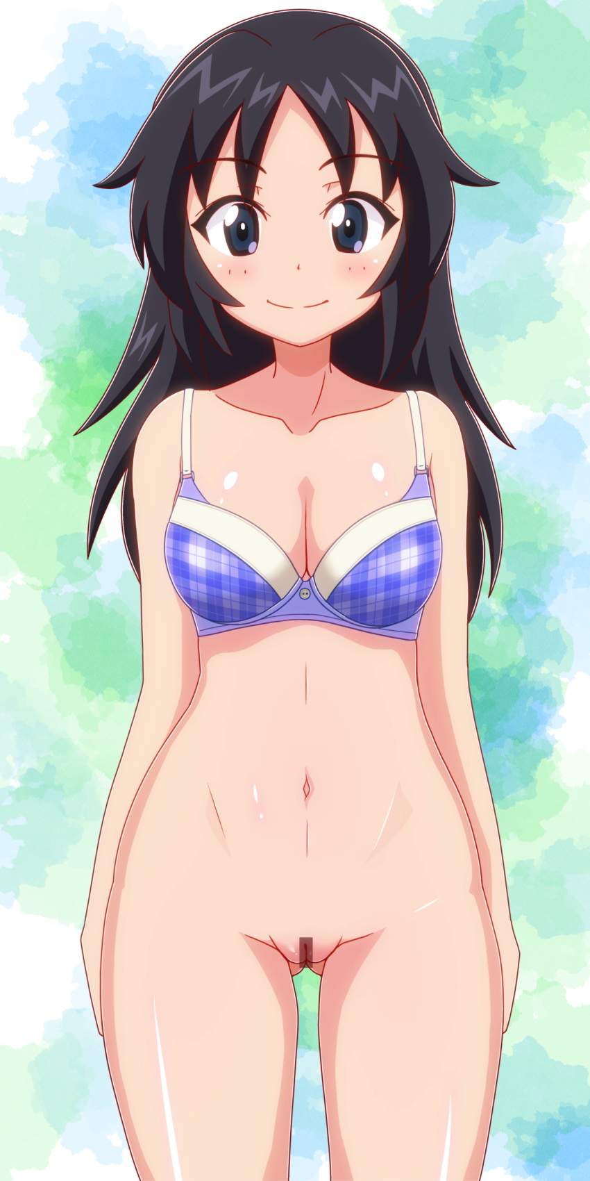 1girl absurdres ass_visible_through_thighs black_hair blue_bra blue_eyes blush bottomless bra breasts censored cleavage closed_mouth collarbone freckles girls_und_panzer gogopaint highres long_hair medium_breasts navel pointless_censoring pussy shiny shiny_hair shiny_skin smile solo standing underwear yamagou_ayumi