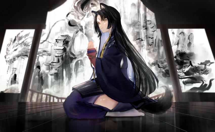 1girl absurdres animal_ears arknights beads black_hair black_kimono clothing_cutout commentary_request dog_ears dog_girl dog_tail facial_mark forehead_mark hand_up highres japanese_clothes kimono long_hair long_sleeves nanaponi pants prayer_beads purple_pants saga_(arknights) seiza sitting socks solo tail thigh_cutout very_long_hair weapon wide_sleeves wooden_floor yellow_eyes