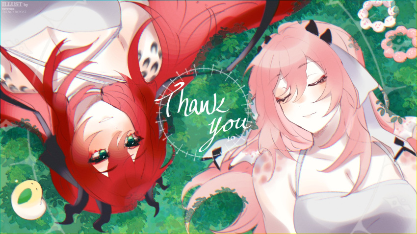 2girls artist_name atelier_live bangs blush breasts cleavage closed_eyes commentary dragon_girl dragon_horns dress dual_persona english_commentary eyebrows_visible_through_hair green_eyes highres horns kuzuryu_io lying medium_breasts multiple_girls on_back red_eyeliner red_hair smile tetetier thank_you upside-down virtual_youtuber watermark white_dress