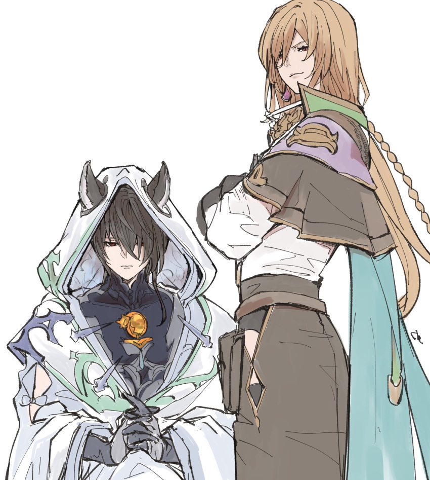 2boys animal_ears bangs black_hair black_shirt braid brown_hair cloak clothing_cutout crossed_arms crossed_fingers earrings erune glanbluefanta gloves granblue_fantasy hair_over_one_eye highres hood hood_up hooded_cloak jewelry lamorak_(granblue_fantasy) long_bangs long_hair long_skirt looking_at_viewer looking_down male_focus medium_hair merlin_(granblue_fantasy) multiple_boys ornament red_eyes shirt single_earring sitting skirt smirk standing thigh_cutout white_background white_shirt