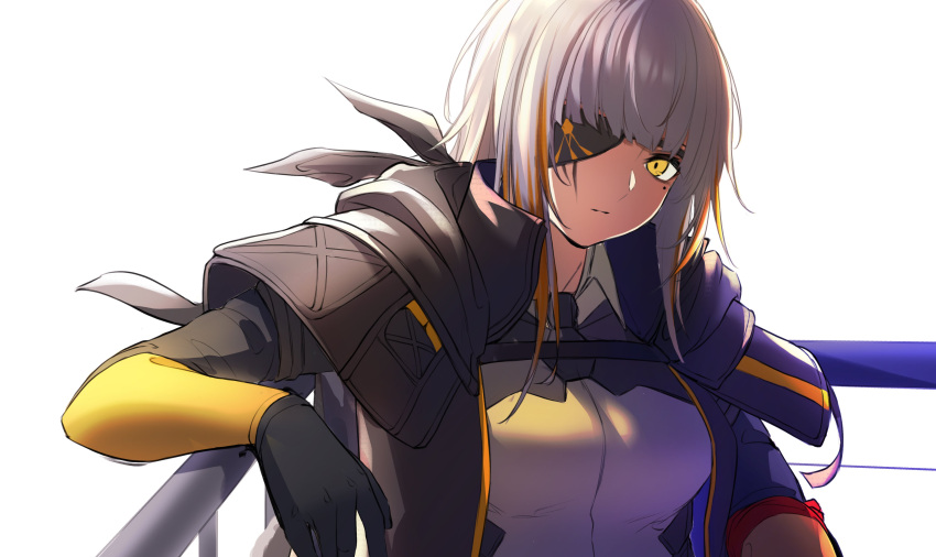 1girl 3_small_spiders absurdres black_gloves black_jacket breasts closed_mouth eyebrows_visible_through_hair eyepatch girls'_frontline gloves highres jacket long_hair looking_at_viewer m16a1_(boss)_(girls'_frontline) m16a1_(girls'_frontline) medium_breasts mole mole_under_eye multicolored_hair open_clothes open_jacket shirt solo_focus upper_body white_background white_hair white_shirt yellow_eyes