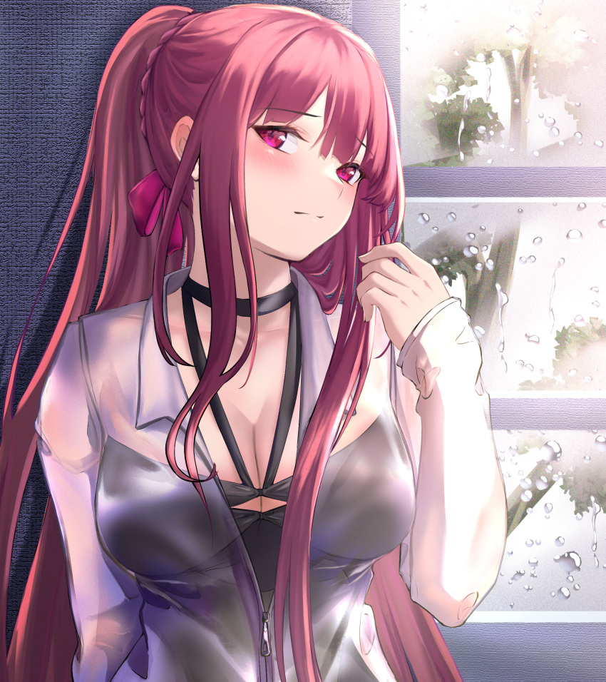 1girl 3_small_spiders absurdres black_swimsuit blush braid breasts cleavage closed_mouth collarbone commentary_request competition_swimsuit eyebrows_visible_through_hair french_braid girls'_frontline hair_ribbon hand_up highres long_hair looking_at_viewer medium_breasts one-piece_swimsuit ponytail purple_eyes purple_hair purple_ribbon rain ribbon shirt solo swimsuit upper_body wa2000_(girls'_frontline) wall water_drop wet wet_clothes wet_shirt white_shirt window