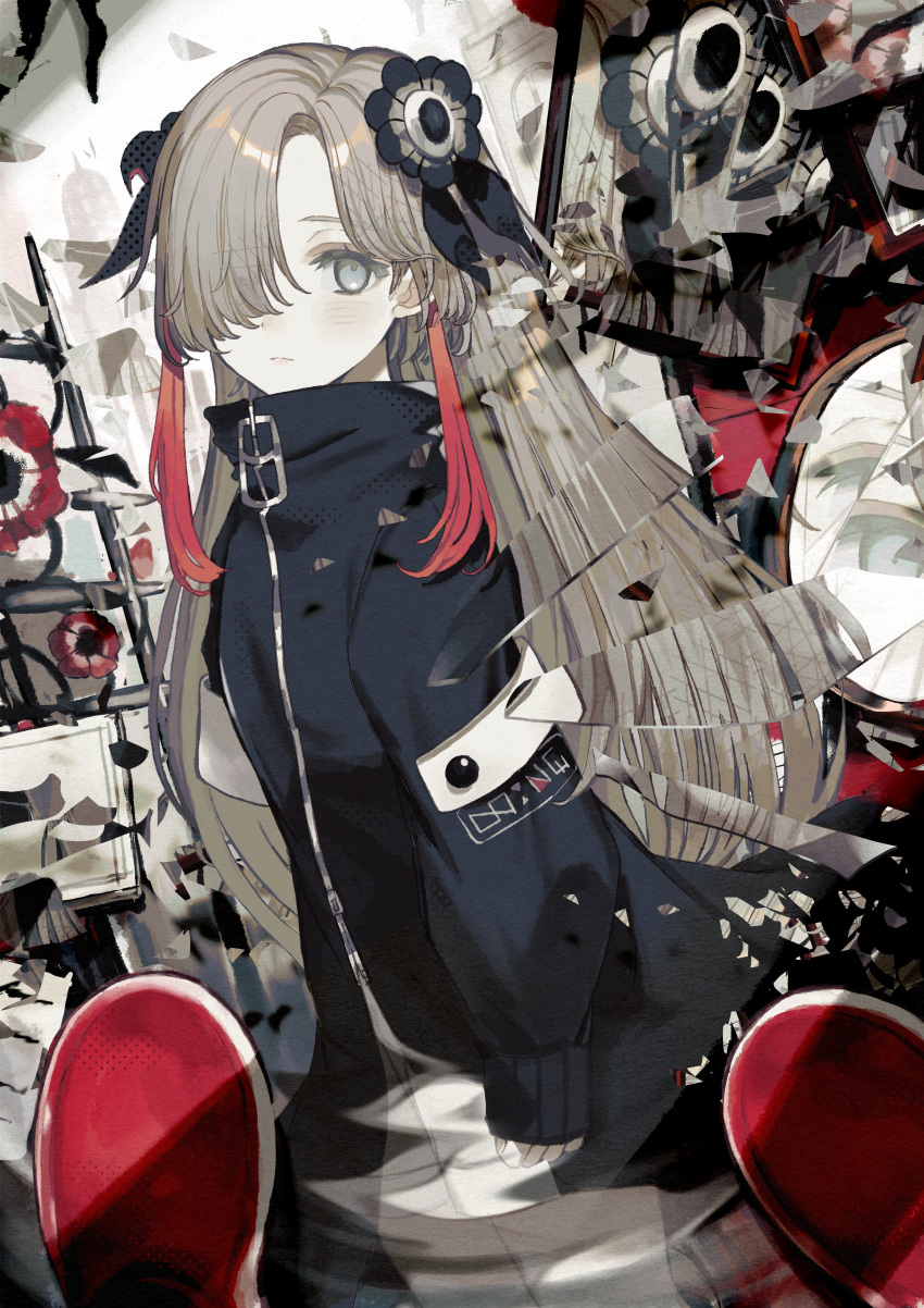 1girl abstract_background absurdres asymmetrical_sleeves black_coat blue_eyes coat cowboy_shot expressionless grey_hair hair_ornament hair_over_one_eye highres isekai_joucho kamitsubaki_studio looking_at_viewer miwasiba multicolored_hair red_hair shards sidelocks solo two-tone_hair uneven_sleeves virtual_youtuber