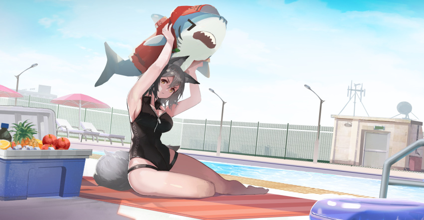 1girl animal_ears apple arknights black_swimsuit breasts chinese_commentary cleavage commentary_request cooler day food fruit grey_hair highres holding holding_stuffed_toy hood hooded_jacket huai_chuan innertube jacket large_breasts long_hair official_alternate_costume one-piece_swimsuit open_clothes open_jacket outdoors pineapple pool projekt_red_(arknights) projekt_red_(light_breeze)_(arknights) red_jacket sideboob sideways_glance sitting sky solo stuffed_animal stuffed_shark stuffed_toy swimsuit tail thigh_strap thighs unzipped v-shaped_eyebrows wolf_ears wolf_girl wolf_tail yellow_eyes yokozuwari zipper zipper_pull_tab