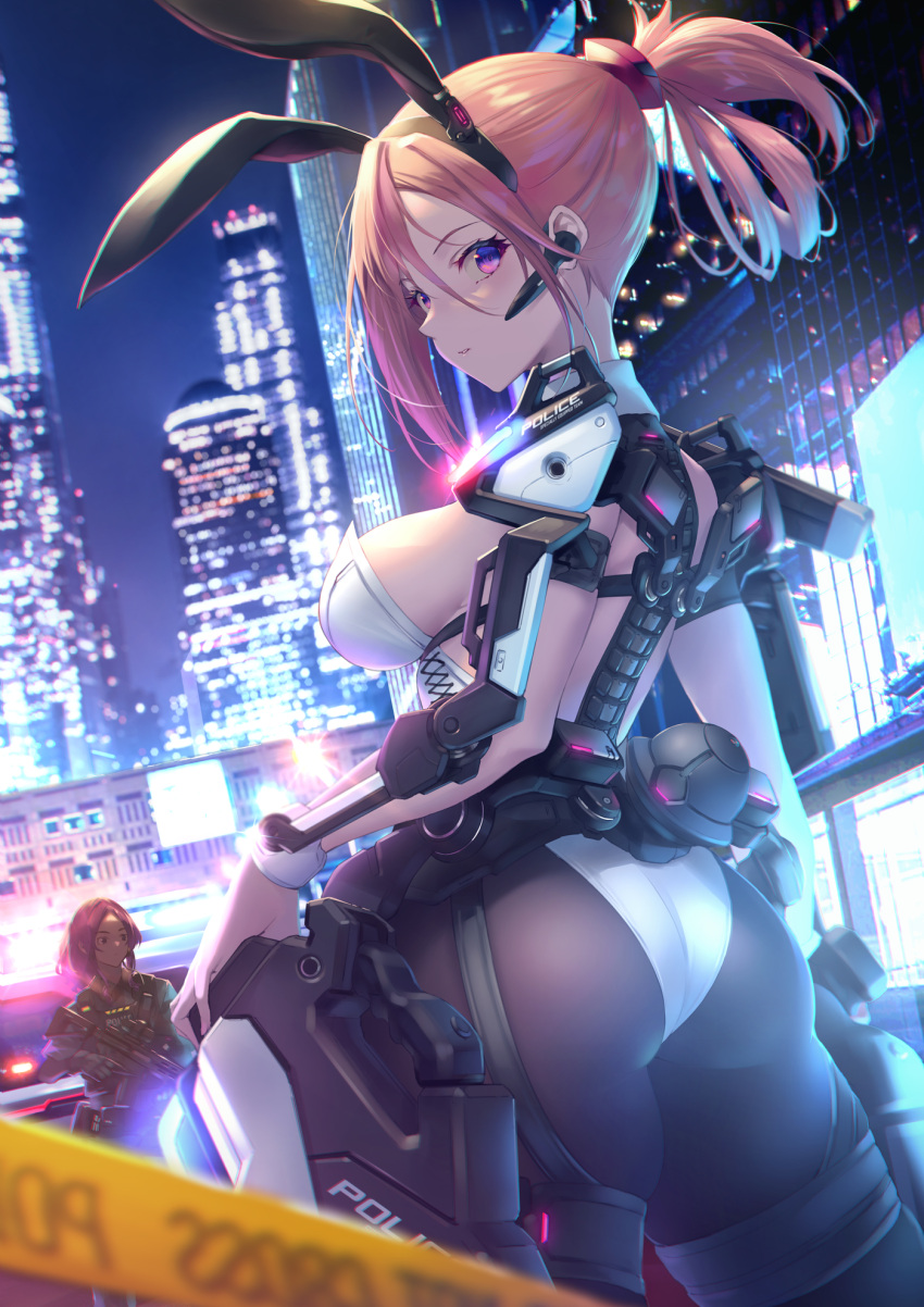 2girls animal_ears arms_note ass bangs black_legwear blonde_hair breasts building city commentary_request earphones exoskeleton eyebrows_visible_through_hair fake_animal_ears fukai_ryosuke hair_between_eyes highres leotard looking_at_viewer looking_back medium_breasts multiple_girls night pantyhose police ponytail powered_bunny purple_eyes rabbit_ears skyline swept_bangs tape white_leotard