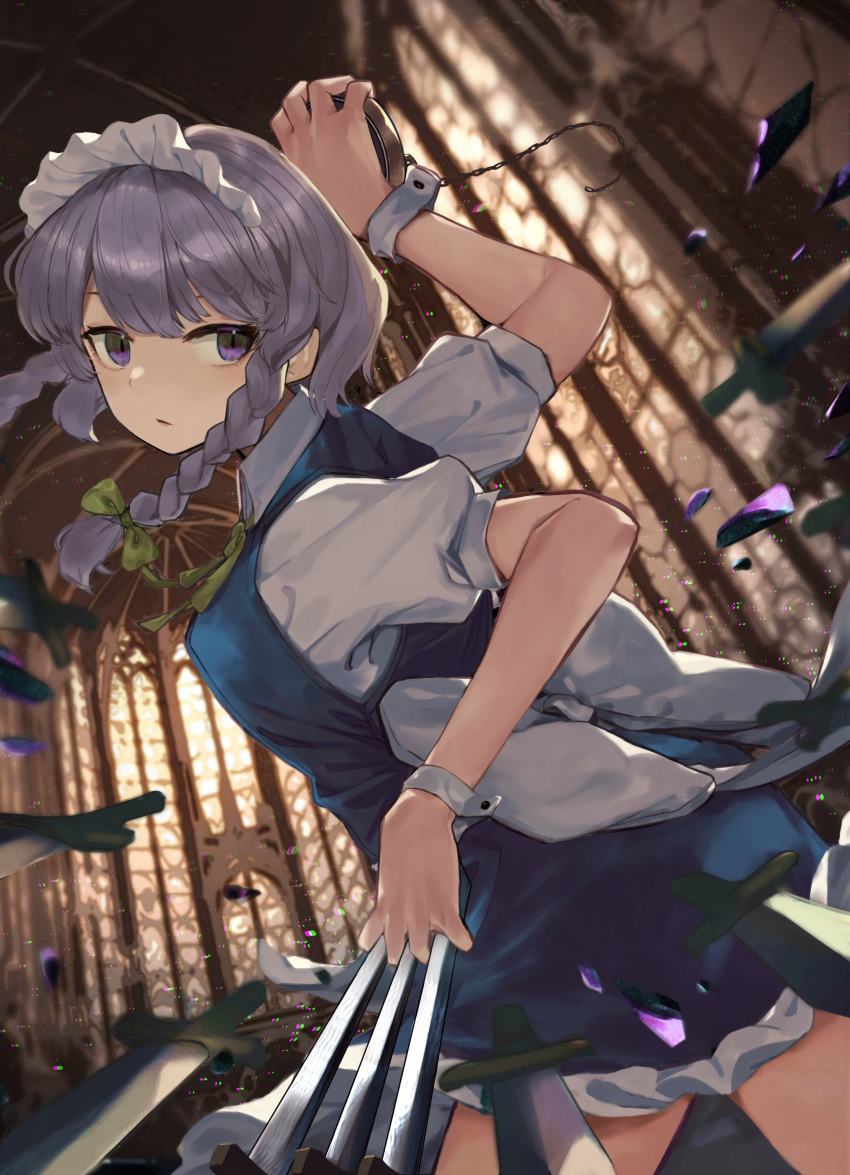 1girl :/ absurdres alternate_eye_color apron back_bow between_fingers blue_dress bow braid collared_shirt commentary dress expressionless frilled_dress frills green_neckwear green_ribbon hair_ribbon highres holding holding_knife izayoi_sakuya knife knives_between_fingers kurowa_(curowa) looking_to_the_side maid maid_apron maid_headdress pocket_watch puffy_short_sleeves puffy_sleeves purple_eyes ribbon shards shirt short_sleeves silver_hair slit_pupils solo standing touhou tress_ribbon twin_braids upper_body watch white_shirt window wing_collar wrist_cuffs