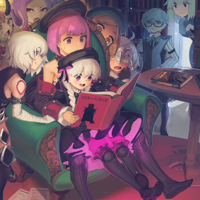 1boy 6+girls ahoge armband atalanta_(fate) bandaged_arm bandages bangs bare_shoulders bell beret black_coat black_dress black_headwear black_legwear black_vest blonde_hair blue_bow blue_bowtie blue_eyes blue_hair blush boa_(brianoa) book bookshelf bow bowtie braid breasts buckle chair coat cropped_vest detached_collar doll_joints dress eyebrows_visible_through_hair facial_mark fang fate/apocrypha fate/extra fate/extra_ccc fate/grand_order fate_(series) forehead forehead_mark frills glasses gradient_hair green_eyes green_hair green_headwear grey_hair hair_between_eyes hair_bow hair_pulled_back hands_on_hips hans_christian_andersen_(fate) happy hat headpiece helena_blavatsky_(fate) highres horns ibaraki_douji_(fate) jack_the_ripper_(fate/apocrypha) jeanne_d'arc_(fate) jeanne_d'arc_alter_santa_lily_(fate) jingle_bell joints long_hair long_sleeves looking_at_another looking_at_viewer multicolored_hair multiple_girls navel nursery_rhyme_(fate) off_shoulder oni oni_horns open_mouth parted_bangs paul_bunyan_(fate) ponytail puffy_short_sleeves puffy_sleeves purple_eyes purple_hair reading ribbon scar scar_across_eye scar_on_cheek scar_on_face short_dress short_hair short_sleeves shoulder_tattoo sidelocks silver_hair sitting sitting_on_lap sitting_on_person small_breasts smile striped striped_bow striped_ribbon sweatdrop table tattoo thighhighs thighs tongue translation_request twin_braids very_long_hair vest white_hair wu_zetian_(fate) yellow_eyes