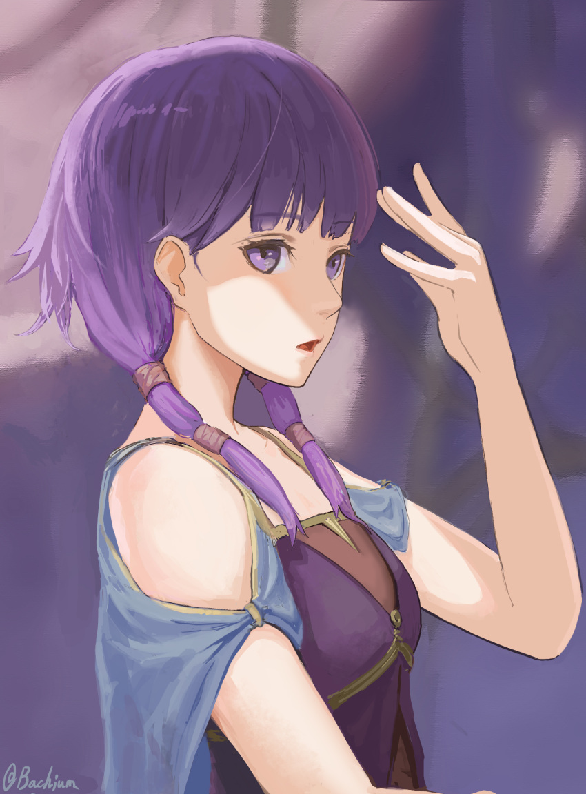 1girl bangs eyebrows_visible_through_hair fire_emblem fire_emblem:_the_sacred_stones hair_over_shoulder highres long_hair low_twintails lute_(fire_emblem) open_mouth purple_eyes purple_hair purple_shirt samohichi shirt sleeveless sleeveless_shirt solo twintails twitter_username upper_body