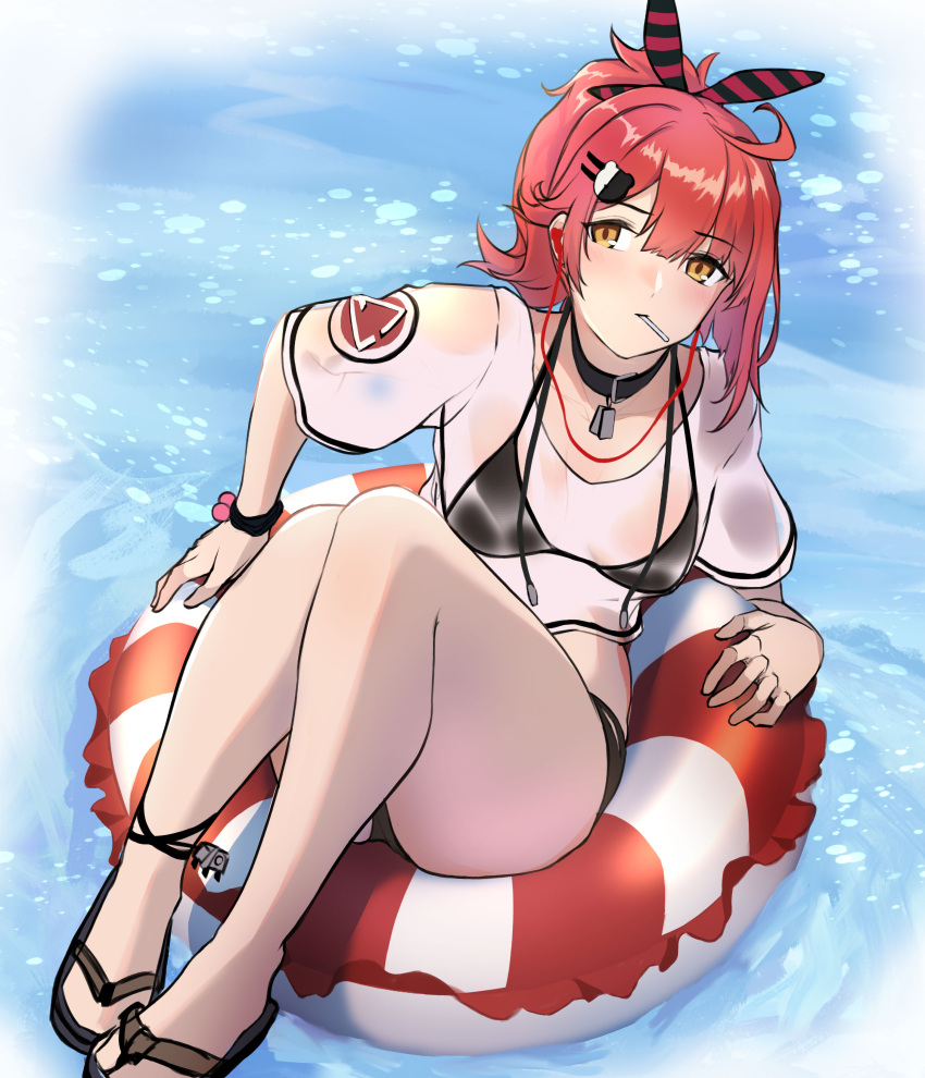 1girl 3_small_spiders absurdres bangs bare_legs bikini black_bikini black_choker black_swimsuit blush bracelet breasts candy choker closed_mouth collar commentary_request dog_tags eyebrows_visible_through_hair food girls'_frontline hair_ornament hair_ribbon highres jewelry legs lifebuoy lollipop long_hair looking_at_viewer lying mp7_(girls'_frontline) necklace orange_eyes red_hair ribbon sandals sitting small_breasts solo swimsuit thighs water