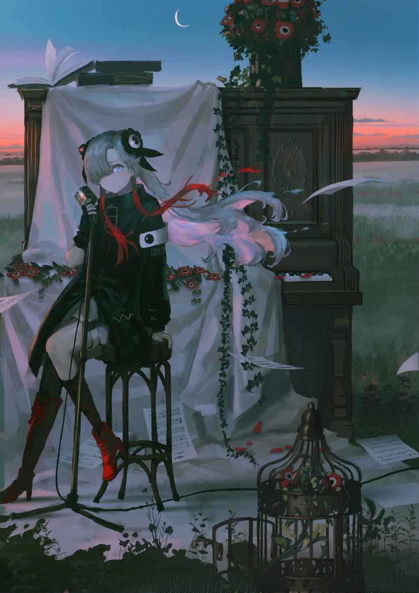 1girl absurdres asymmetrical_footwear asymmetrical_sleeves birdcage black_coat blue_eyes book boots cage coat crescent_moon dusk field fingerless_gloves flower gloves grey_hair hair_ornament hair_over_one_eye high_heel_boots high_heels highres instrument isekai_joucho kamitsubaki_studio long_hair looking_at_viewer microphone microphone_stand moon multicolored_hair outdoors piano red_footwear red_hair sheet_music single_glove sitting solo stool tokiki_(tomok1) twilight two-tone_hair uneven_footwear uneven_sleeves vintage_microphone virtual_youtuber