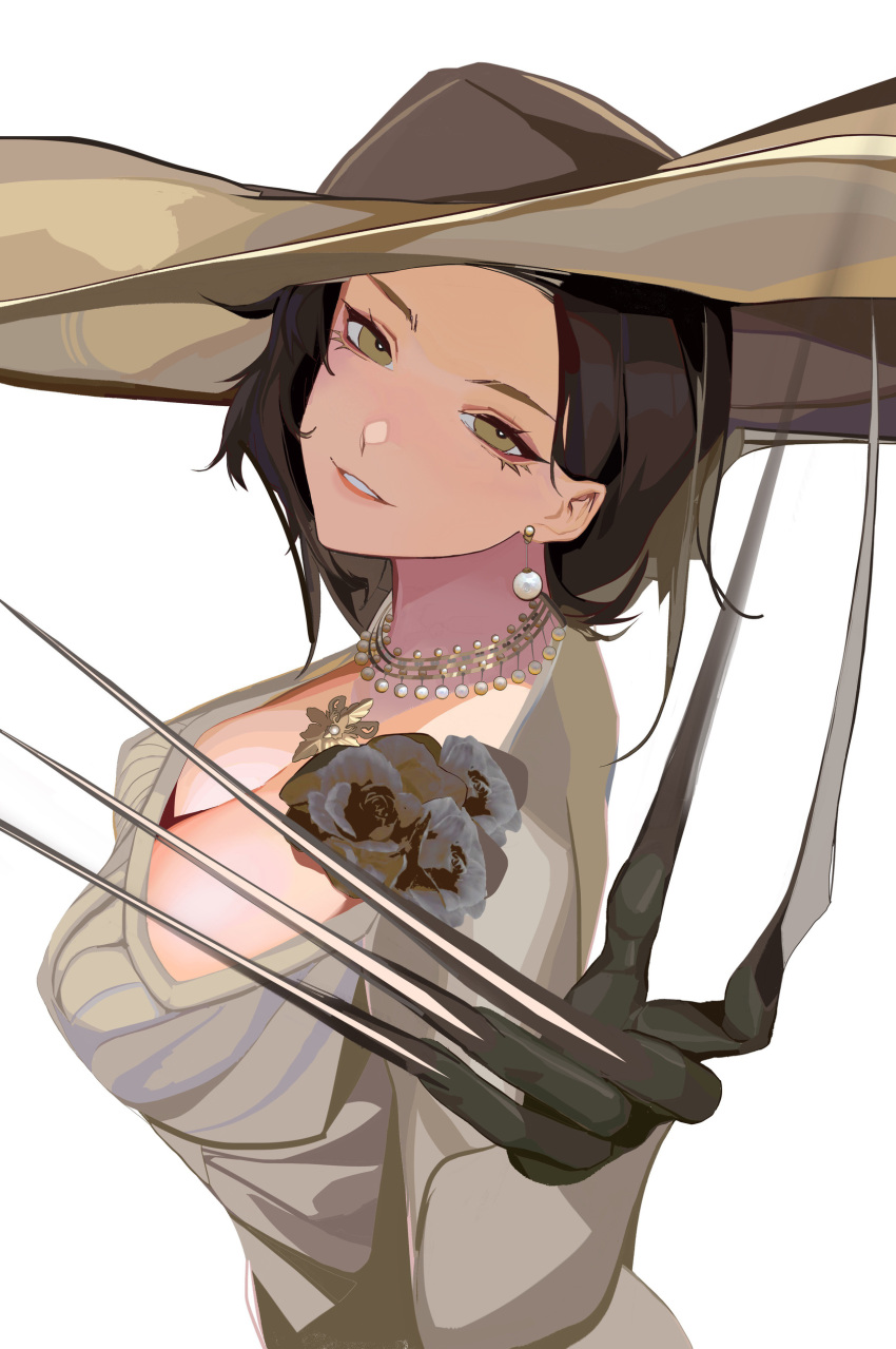 1girl absurdres alcina_dimitrescu breasts brown_hair cleavage covered_nipples dress earrings flower hat highres jewelry ken_(1057168252) large_breasts looking_at_viewer mouth necklace resident_evil resident_evil_village short_hair solo white_dress