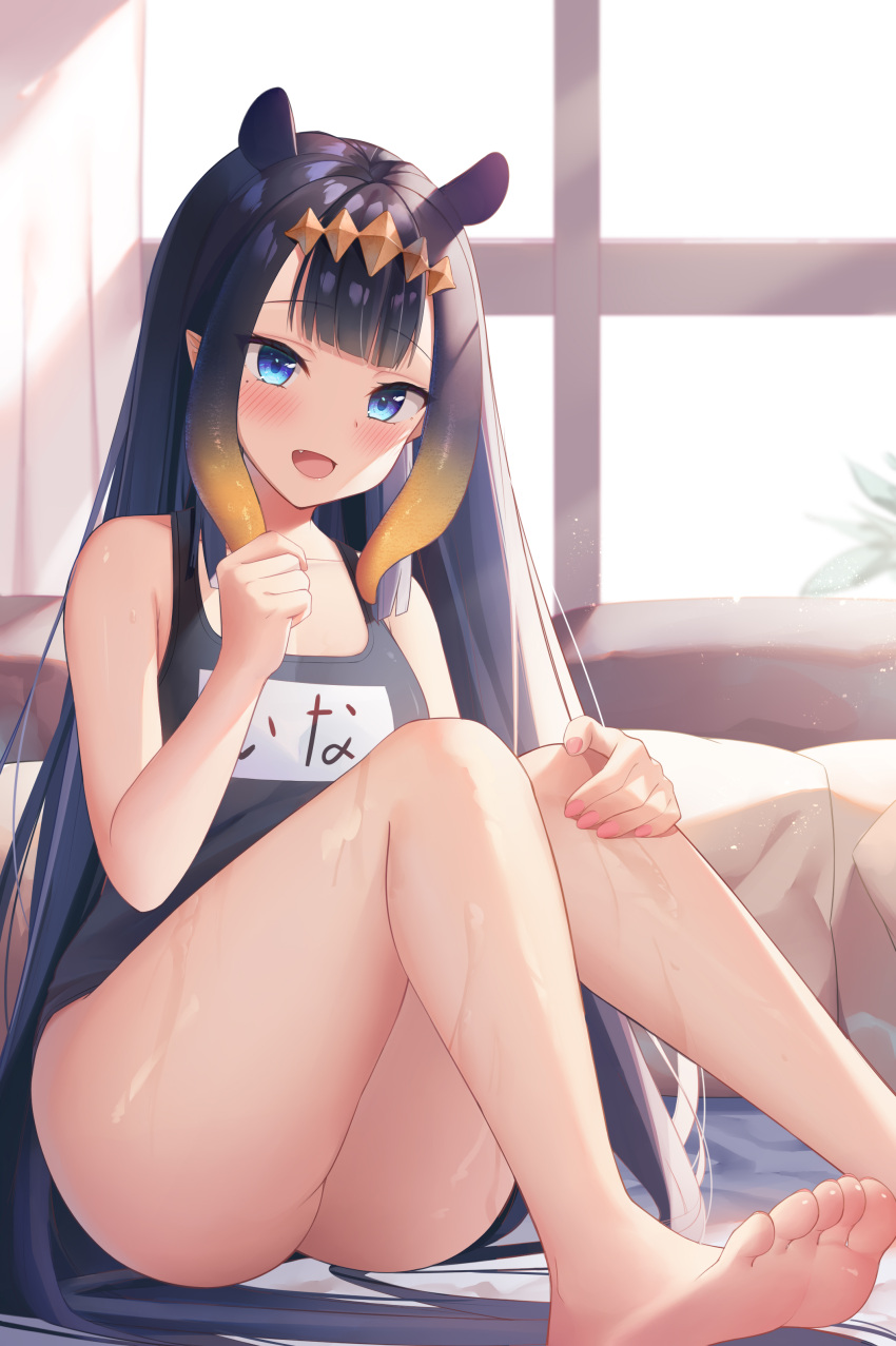 1girl absurdres bare_shoulders barefoot bed blue_eyes blue_swimsuit blush eyebrows_visible_through_hair fang feet hand_on_own_leg headpiece highres hiragana hololive hololive_english long_hair looking_at_viewer milk_box_(leoleo963852741) multicolored_hair ninomae_ina'nis on_bed open_mouth orange_hair pillow pointy_ears purple_hair school_swimsuit sitting sitting_on_bed soles swimsuit tentacle_hair thighs toes two-tone_hair very_long_hair virtual_youtuber wet window