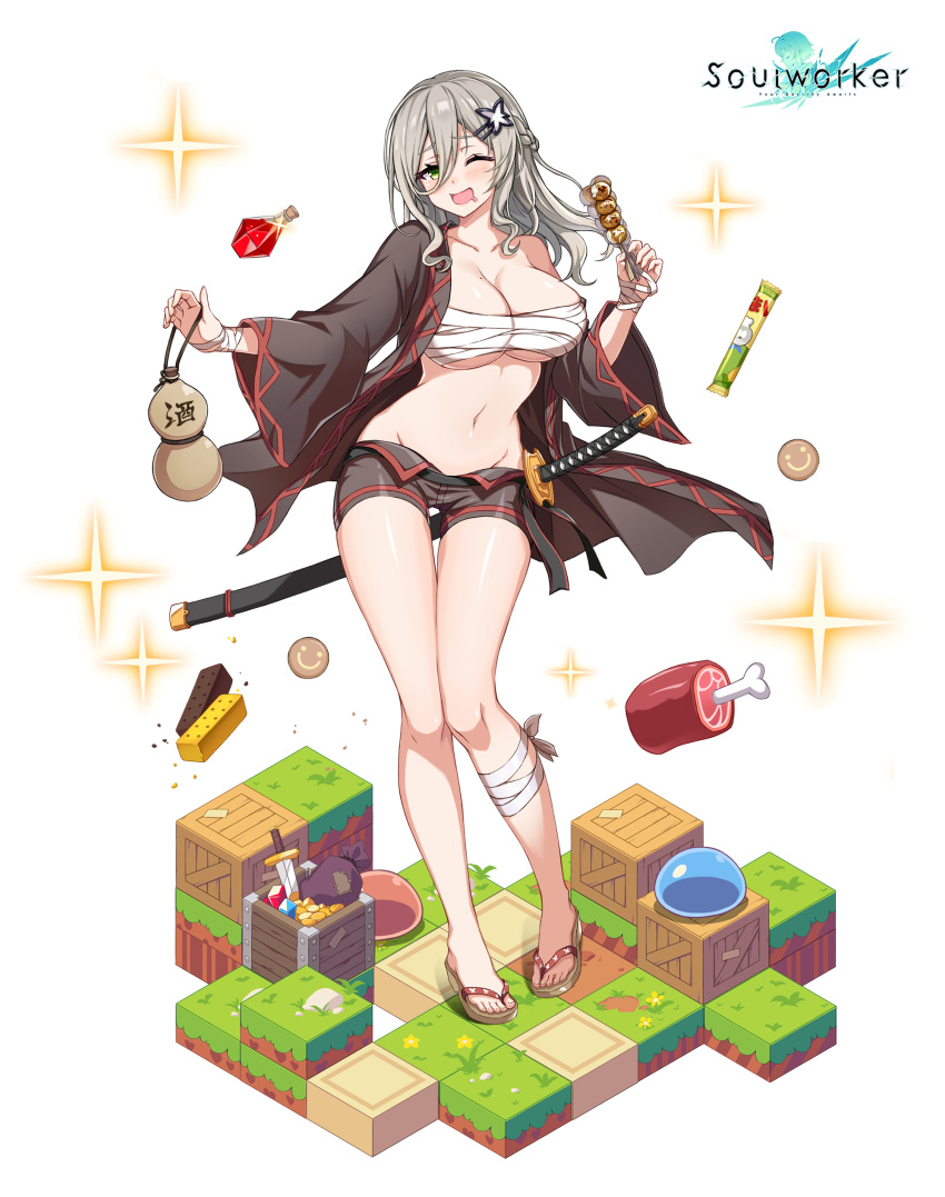 1girl ;d absurdres bandaged_leg bandages bare_shoulders breasts brown_shorts budget_sarashi cleavage collarbone food full_body green_eyes grey_hair hair_between_eyes hair_ornament hairclip highres holding japanese_clothes large_breasts lee_nabi long_hair long_sleeves looking_at_viewer maett midriff navel off_shoulder official_art one_eye_closed open_clothes open_fly open_mouth potion sarashi short_shorts shorts smile solo soul_worker stomach takoyaki thighs wide_sleeves zouri