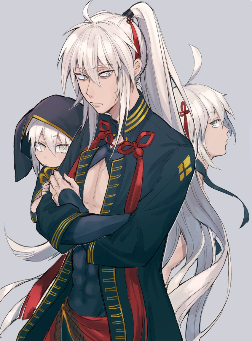 1girl 2boys black_jacket cleavage_cutout clothing_cutout commentary_request covered_abs crossed_arms dark-skinned_female dark-skinned_male dark_skin fate/grand_order fate_(series) genderswap genderswap_(ftm) grey_eyes highres ichiya1115 jacket long_hair long_sleeves male_focus multiple_boys okita_souji_(alter)_(fate) okita_souji_(alter_swimsuit_saber)_(fate) okita_souji_(fate) rengoku_(fate) scarf sidelocks solo_focus sweatdrop tied_hair very_long_hair