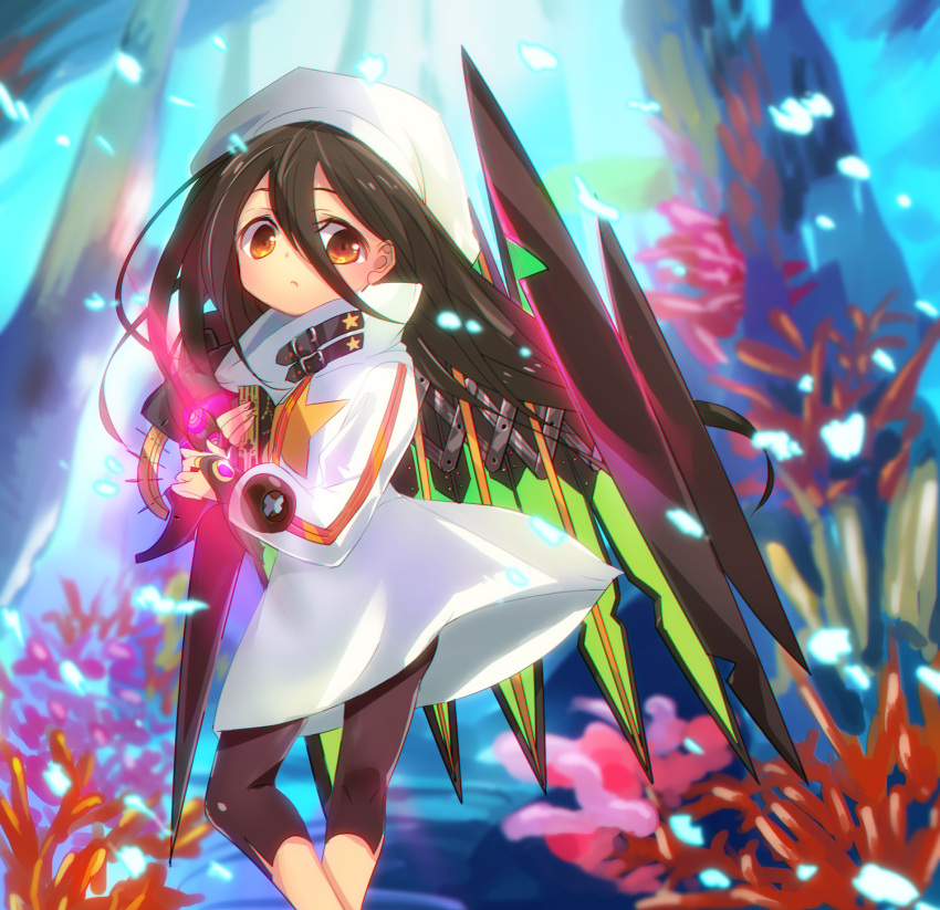 1girl brown_hair coat coral feet_out_of_frame hair_between_eyes hakka_(nikiniki507) highres long_hair long_sleeves orange_hair sekaiju_no_meikyuu sekaiju_no_meikyuu_3 solo star_(symbol) underwater white_coat zodiac_(sekaiju) zodiac_2_(sekaiju)