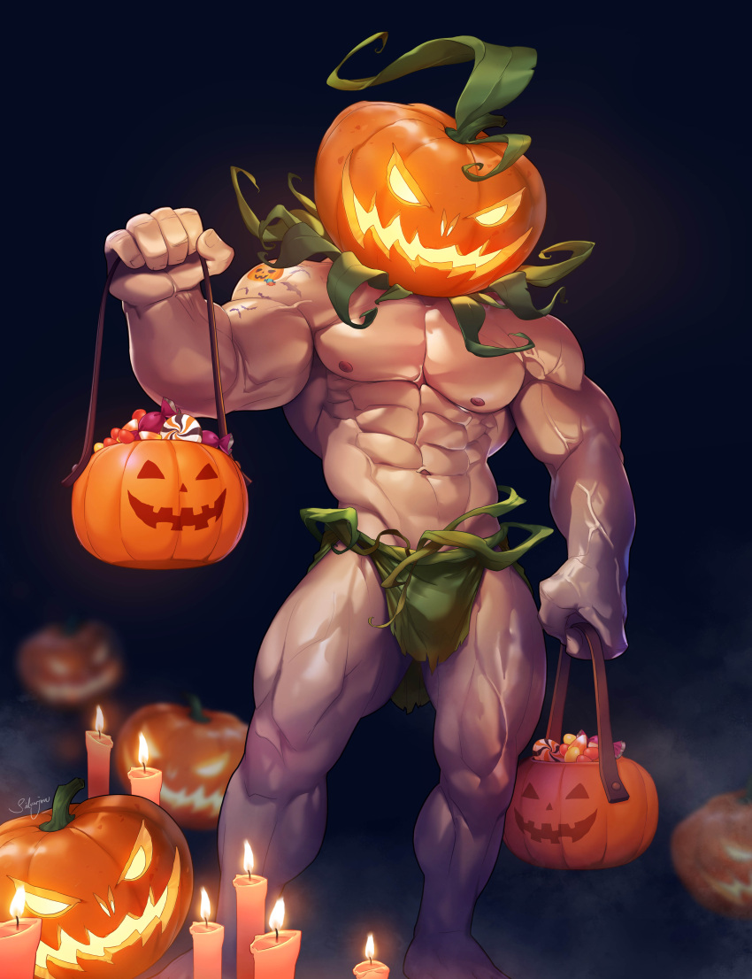 1boy abs absurdres bara black_hair briefs candle candy feet_out_of_frame food glowing halloween halloween_costume highres jack-o'-lantern large_pectorals male_focus male_underwear muscular muscular_male navel nipples original patreon_username pectorals pumpkin pumpkin_costume pumpkin_hat short_hair silverjow solo thick_thighs thighs topless_male underwear veins