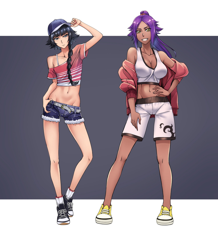 2girls arm_up baseball_cap black_hair bleach blue_shirt bra_strap braid braided_ponytail breasts cleavage collarbone contrapposto dark-skinned_female dark_skin denim denim_shorts flat_chest floating_hair full_body grey_background grin hair_over_shoulder hand_on_hip hat high_ponytail highres large_breasts long_hair looking_at_viewer lowleg lowleg_shorts midriff multiple_girls navel off_shoulder ponytail print_shorts purple_hair sakuya_(liao_kj) shihouin_yoruichi shiny shiny_hair shirt shoes short_shorts short_sleeves shorts smile sneakers socks standing stomach sui-feng white_legwear white_shorts yellow_eyes