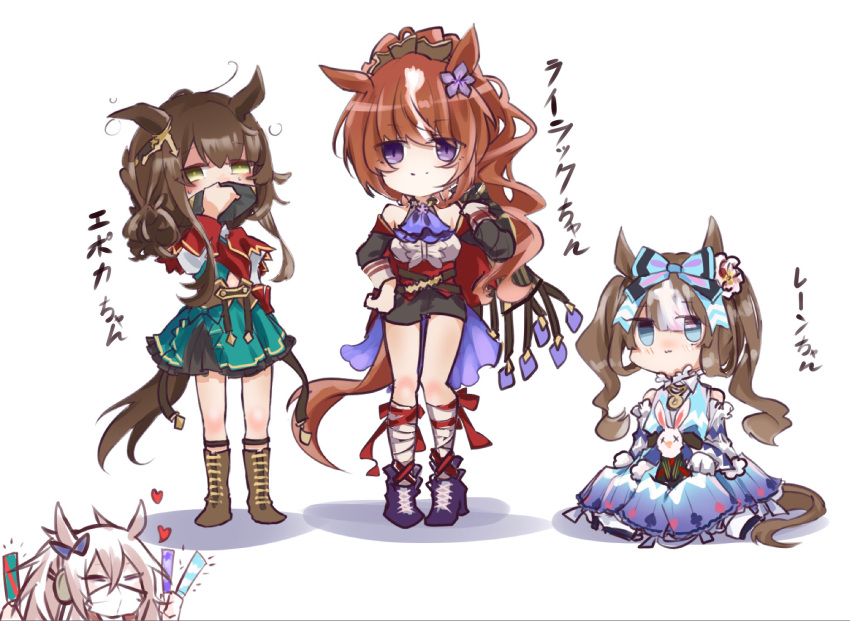 4girls animal_ears ankle_boots black_mask boots bow brown_hair chibi commentary_request ear_bow epoca_d'oro_(racehorse) flower genderswap genderswap_(mtf) glowstick grejpfrut_cvet hair_bow hair_flower hair_ornament high_ponytail highres horse_ears horse_girl horse_tail knee_boots lolita_fashion long_hair lucky_lilac_(racehorse) mask melody_lane_(racehorse) mouth_mask multicolored_hair multiple_girls orfevre_(umamusume) original personification sitting sketch stuffed_animal stuffed_bunny stuffed_toy tail translated two-tone_hair umamusume wavy_hair white_hair white_mask
