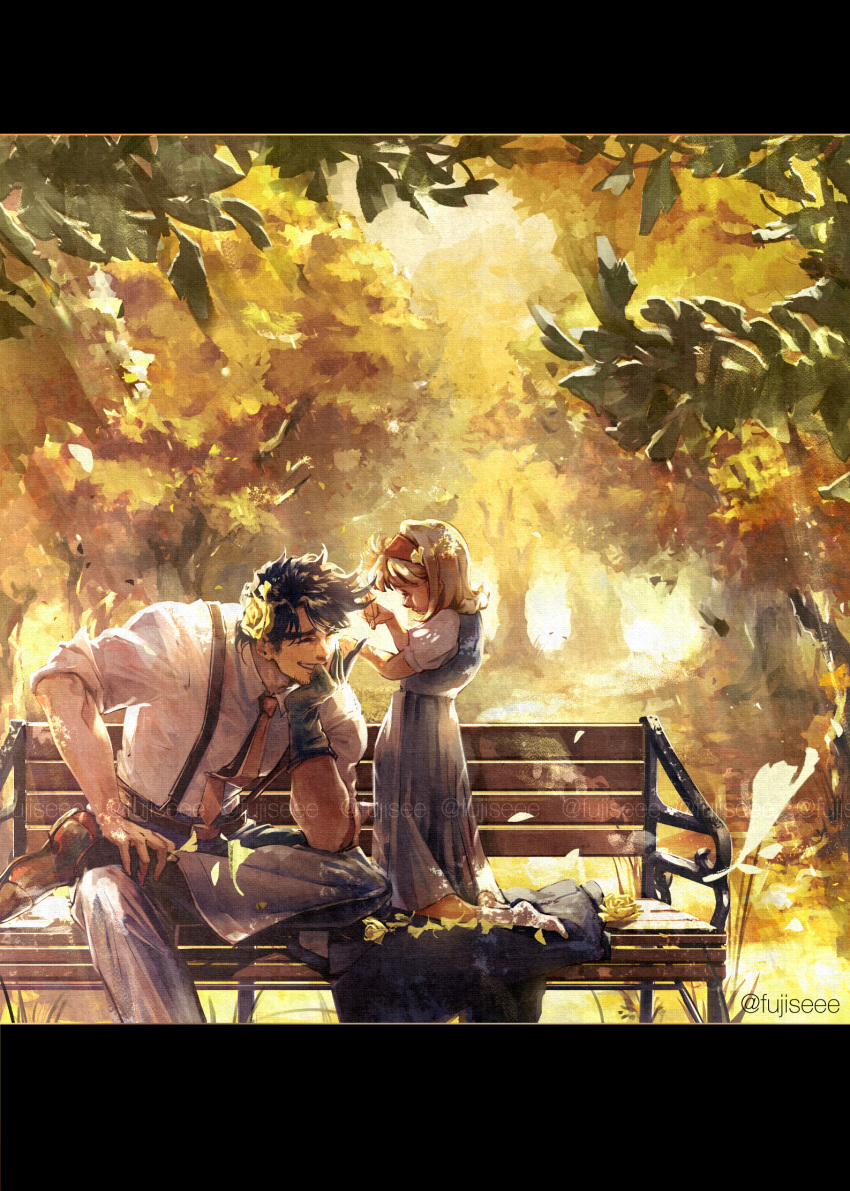 1boy 1girl arm_support artist_name autumn bench blonde_hair brown_hair child closed_eyes collared_shirt commentary_request crossed_legs dappled_sunlight facial_hair father_and_daughter flower fujisee ginkgo_leaf gloves grin hair_flower hair_ornament hairband head_rest highres jojo_no_kimyou_na_bouken joseph_joestar joseph_joestar_(young) kneeling kujo_holy letterboxed medium_hair necktie outdoors shirt short_hair single_glove sitting smile stubble sunlight suspenders tree watermark white_shirt yellow_necktie