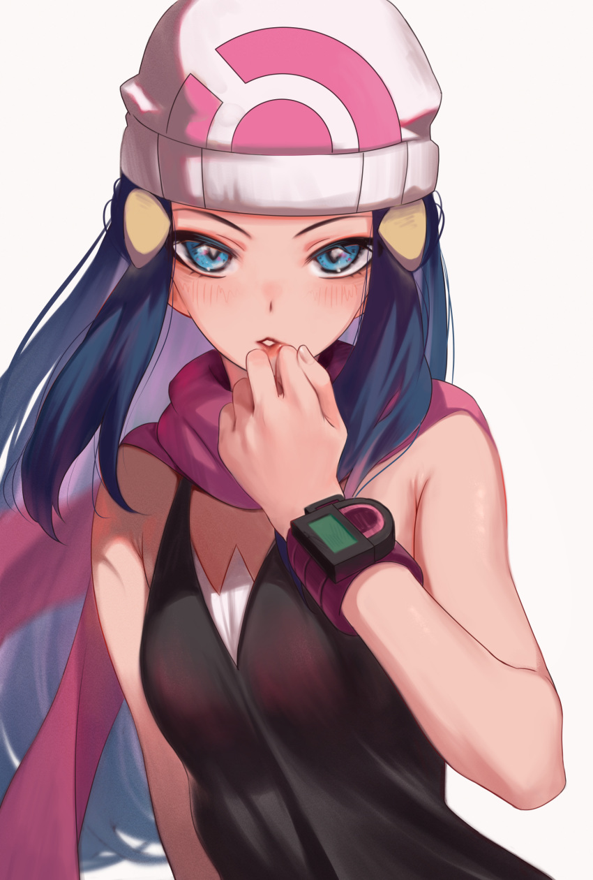 1girl absurdres bangs bare_shoulders beanie black_shirt blue_eyes blue_hair blush breasts commentary_request dawn_(pokemon) duplicate grey_background hand_on_own_chin hat highres long_hair looking_at_viewer md5_mismatch medium_breasts parted_lips pink_scarf pixel-perfect_duplicate pokemon pokemon_(game) pokemon_dppt resolution_mismatch scarf shiny shiny_skin shirt simple_background sleeveless sleeveless_shirt solo source_smaller teeth torriet upper_body white_headwear