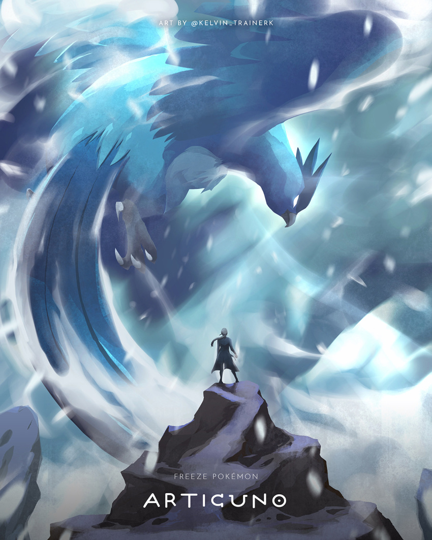 1girl articuno beak bird blanche_(pokemon) character_name closed_mouth coat copyright_name floating_hair glowing glowing_eyes grey_hair highres kelvin-trainerk long_hair long_sleeves pokemon pokemon_(creature) pokemon_(game) pokemon_go ponytail snowing standing talons twitter_username white_eyes