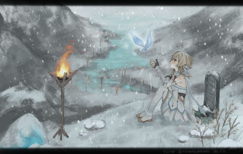 1girl bangs bare_shoulders blonde_hair blush boots crystal detached_sleeves dress feather_hair_ornament feathers from_side genshin_impact gloves hair_ornament highres in-universe_location lumine_(genshin_impact) mountain partially_fingerless_gloves river scarf scenery short_hair_with_long_locks shoulder_blush sitting snow solo thigh_boots thighhighs tombstone torch white_dress white_footwear white_scarf yoooichang