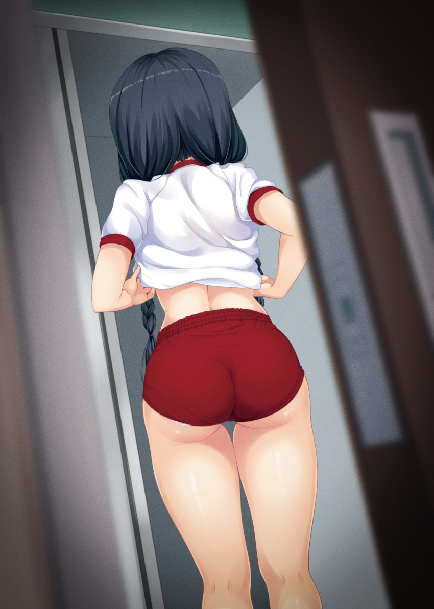 1girl ass back black_hair braid buruma clothes_lift commentary_request door gym_shirt gym_uniform highres hino_minato_(spec.c) long_hair love_live! love_live!_nijigasaki_high_school_idol_club nakagawa_nana pantylines peeking red_buruma shirt shirt_lift solo standing undressing white_shirt yuuki_setsuna_(love_live!)