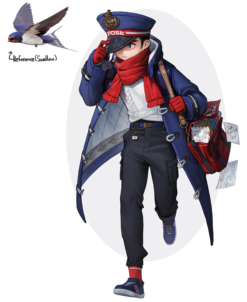 1boy absurdres bag bird black_footwear black_pants blue_coat blue_headwear coat drawing full_body gloves hand_on_headwear highres mailbag mailman male_focus one_eye_covered original pants personification red_gloves red_legwear red_scarf rinotuna scarf shoes shoulder_bag socks solo swallow_(bird) sweater white_sweater