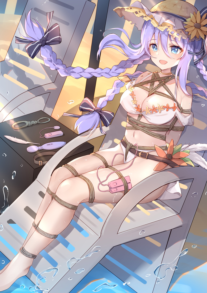 1girl :d absurdres bdsm beach beach_chair bikini blue_eyes bondage bound braid commentary_request egg_vibrator eyebrows_visible_through_hair hat highres jewelry kaga_mi long_hair navel necklace princess_connect! purple_hair restrained rope sex_toy shibari shizuru_(princess_connect!) sitting smile solo straw_hat swimsuit very_long_hair vibrator water
