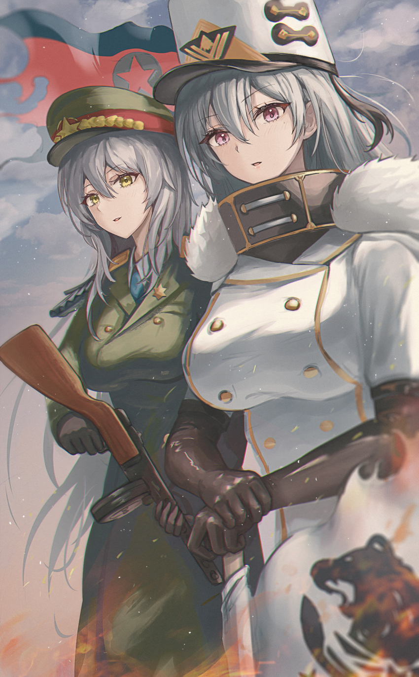 2girls :o azur_lane black_bodysuit black_gloves bodysuit breasts character_request coat commentary_request elbow_gloves eyebrows_visible_through_hair feet_out_of_frame fur-trimmed_coat fur_trim gloves grey_hair gun hat highres holding holding_gun holding_weapon large_breasts long_hair looking_at_viewer medium_breasts military military_hat military_uniform multiple_girls open_mouth oshiro_project oshiro_project_re ppsh-41 purple_eyes sauvignon sovetskaya_rossiya_(azur_lane) standing submachine_gun uniform weapon white_coat winter_clothes winter_coat yellow_eyes
