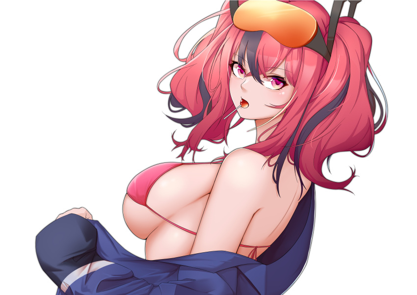 1girl absurdres azur_lane bangs bare_shoulders bikini bikini_top black_hair blue_jacket breasts bremerton_(azur_lane) candy chupa_chups commentary_request crossed_bangs eyebrows_visible_through_hair eyewear_on_head food food_in_mouth from_side hair_between_eyes hair_ornament highres huui_(a72392239) jacket large_breasts lollipop long_hair long_sleeves looking_at_viewer multicolored_hair no_mole off_shoulder pink_bikini pink_eyes pink_hair red-tinted_eyewear sideboob sidelocks simple_background solo standing streaked_hair sunglasses swimsuit tinted_eyewear twintails two-tone_hair underboob undressing upper_body white_background