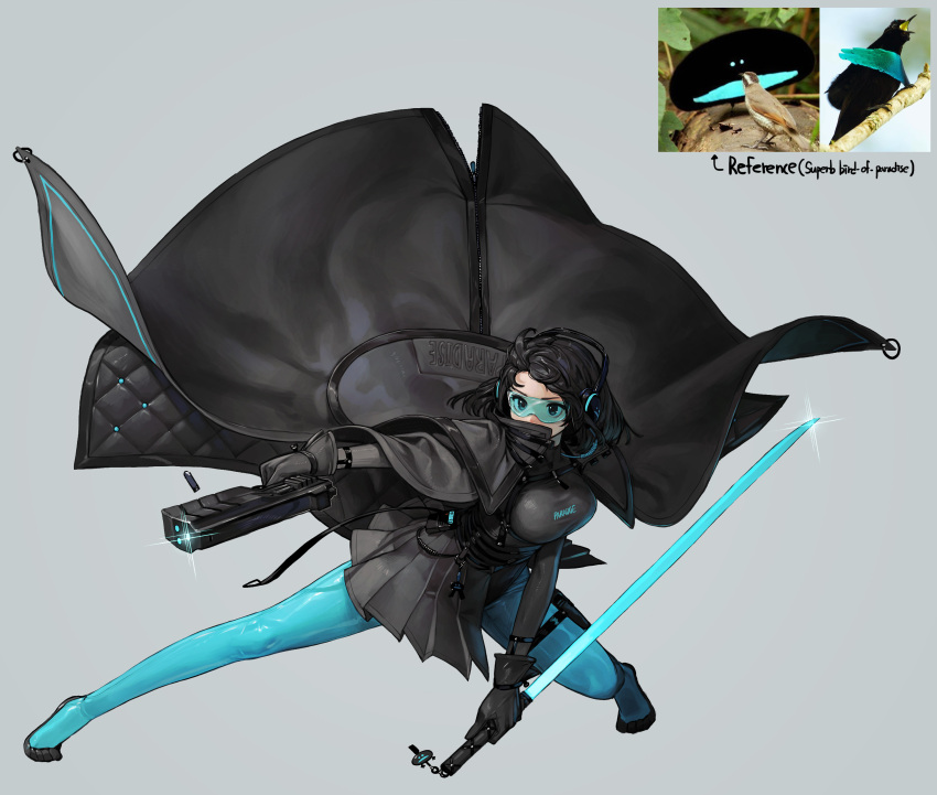 1girl absurdres aqua_legwear bird black_coat black_footwear black_gloves black_hair black_skirt casing_ejection coat commentary covered_mouth english_commentary full_body genderswap genderswap_(mtf) glasses gloves grey_background gun handgun headphones highres holding holding_gun holding_sword holding_weapon looking_at_viewer medium_hair original personification photo-referenced pleated_skirt reference_inset rinotuna shell_casing simple_background skirt solo standing sword thigh_strap weapon