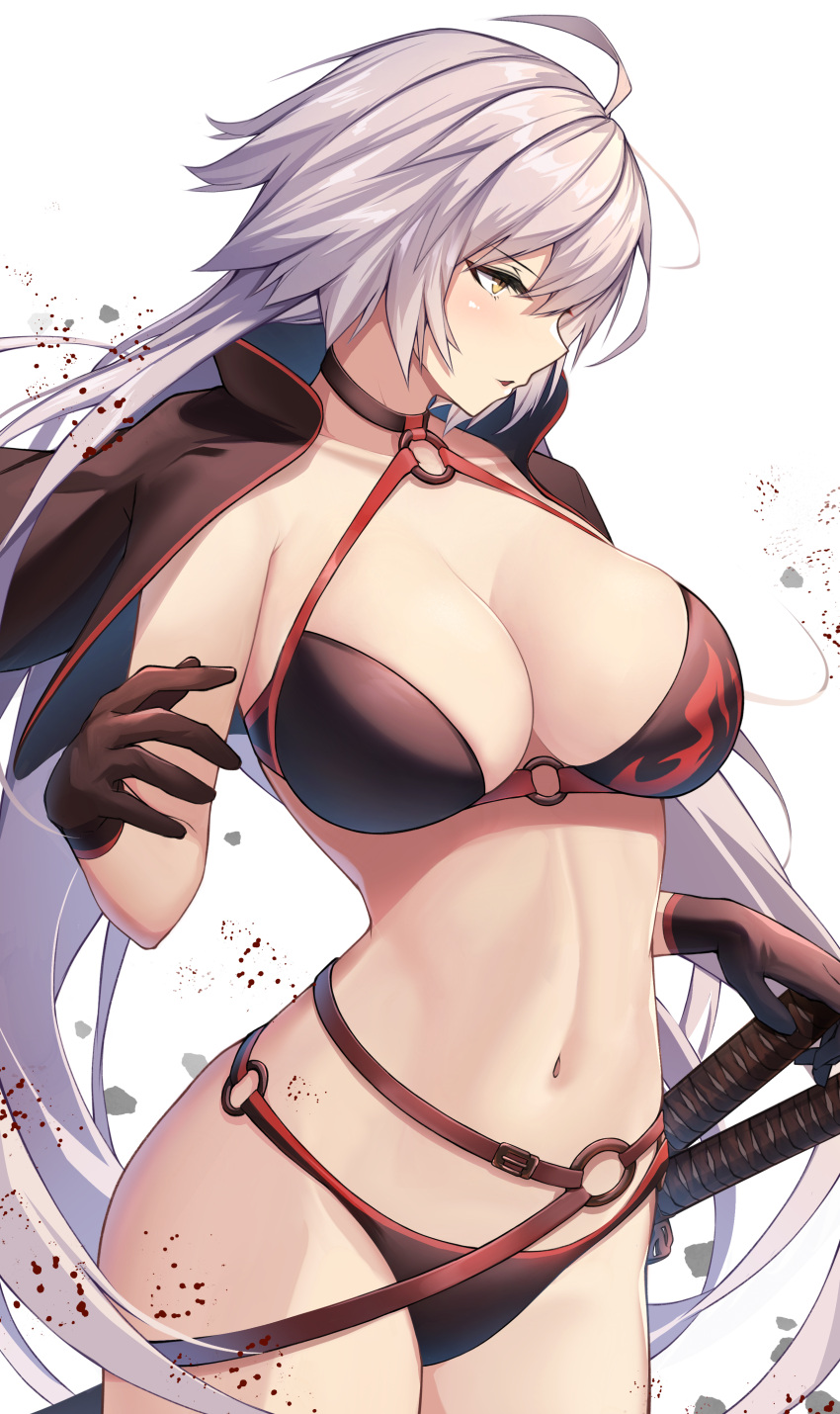 1girl absurdres ahoge bangs bikini black_bikini black_choker black_gloves blush breasts choker cleavage collarbone cowboy_shot fate/grand_order fate_(series) gloves hair_between_eyes hand_on_weapon highres jeanne_d'arc_(alter_swimsuit_berserker)_(fate) jeanne_d'arc_(fate) large_breasts long_hair looking_to_the_side navel oserotto parted_lips profile sheath sheathed simple_background solo swimsuit sword weapon white_background yellow_eyes