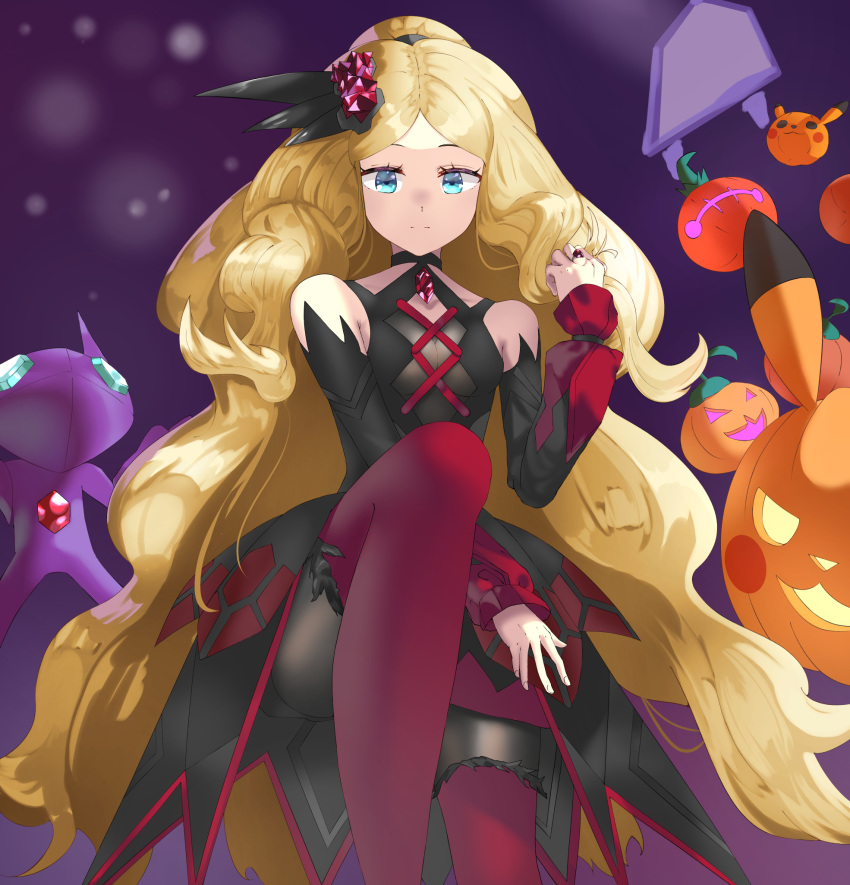 1girl bare_shoulders black_choker black_dress black_shorts blonde_hair blue_eyes boots caitlin_(pokemon) choker closed_mouth commentary_request detached_sleeves dress eyelashes from_below hair_ornament hair_tie hand_up highres jack-o'-lantern jewelry long_hair long_sleeves looking_at_viewer official_alternate_costume pikachu pokemon pokemon_(creature) pokemon_(game) pokemon_masters_ex red_footwear ring sableye shiny shiny_clothes shirogane_(shirogane_eishi)) shorts shorts_under_dress split_mouth themed_object thigh_boots thighhighs tied_hair