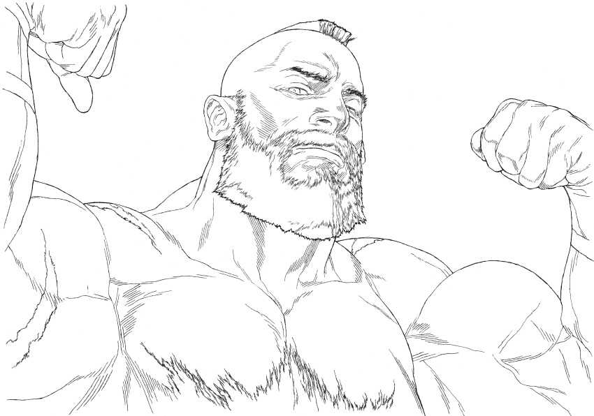 1boy absurdres beard chest_hair facial_hair graphite_(medium) greyscale highres large_pectorals male_focus mature_male monochrome muscular muscular_male mustache pectorals scar scar_on_arm simple_background solo street_fighter topless_male traditional_media white_background yoshihara_motoki zangief