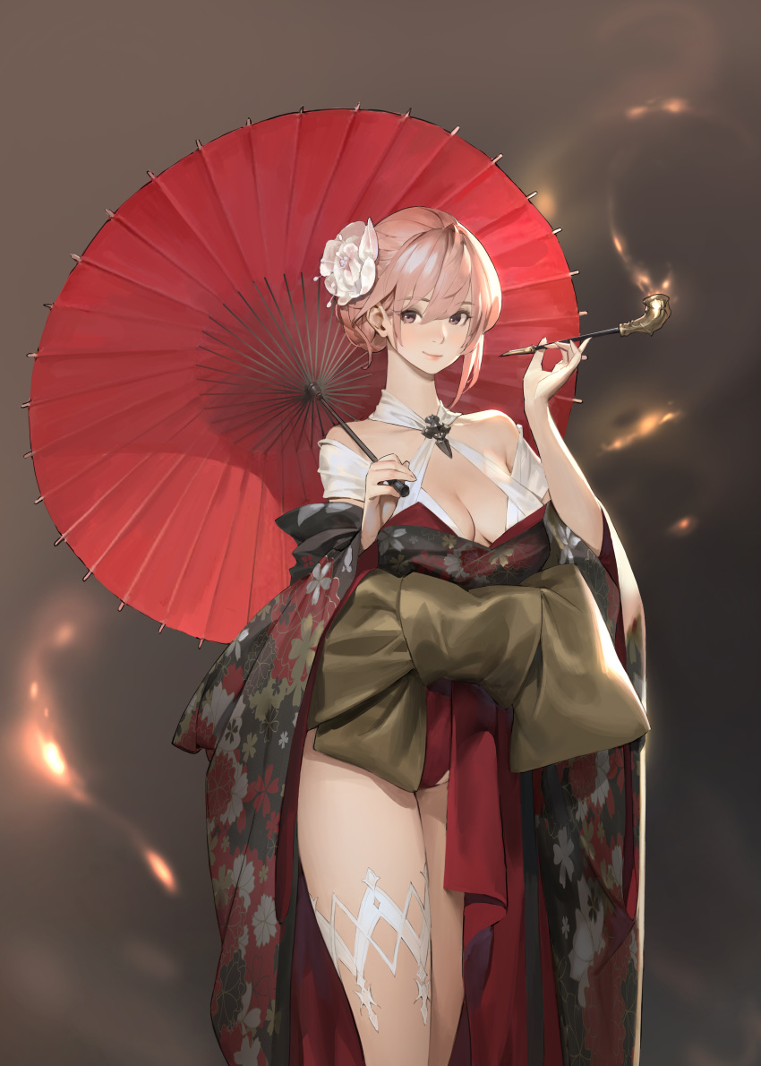 1girl absurdres bangs bare_legs bra breasts brown_background cleavage closed_mouth commentary english_commentary eyebrows_visible_through_hair feet_out_of_frame flower hair_between_eyes hair_flower hair_ornament halterneck highres holding holding_pipe holding_umbrella japanese_clothes jung_wonjo kimono looking_at_viewer medium_breasts off_shoulder oil-paper_umbrella original pink_eyes pink_hair pipe red_kimono red_umbrella smile smoke solo tied_hair umbrella underwear white_bra white_flower