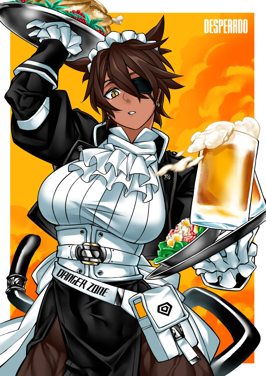 1girl absurdres alcohol animal_ears beer beer_mug breasts brown_hair cat_ears cat_girl cat_tail chicken_(food) copyright_name cowboy_shot cup dark-skinned_female dark_skin desperado_(yotaro) earrings eyepatch food gloves highres holding holding_tray jewelry large_breasts long_sleeves looking_at_viewer maid maid_headdress mao_(yotaro) mug muscular muscular_female parted_lips short_hair slit_pupils solo tail teeth tray yellow_eyes yotaro