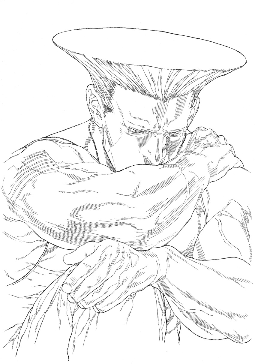 1boy absurdres american_flag american_flag_tattoo furrowed_brow graphite_(medium) greyscale guile highres male_focus mature_male monochrome muscular muscular_male solo street_fighter traditional_media yoshihara_motoki