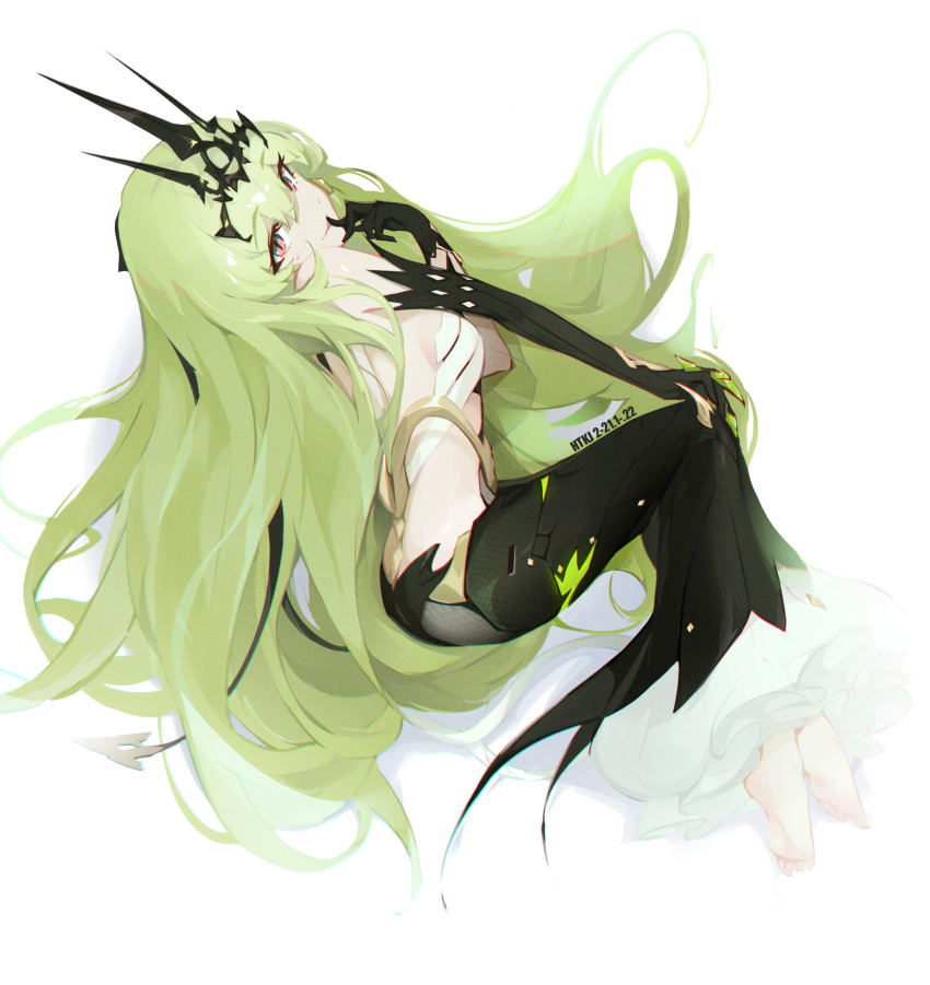 1girl absurdres asymmetrical_gloves barefoot black_dress black_gloves breasts claw_ring commentary dress eyebrows_visible_through_hair eyes_visible_through_hair finger_to_mouth gloves green_hair headpiece heitian_keji highres honkai_(series) honkai_impact_3rd long_hair looking_at_viewer mismatched_gloves mobius_(honkai_impact) pasties sleeveless sleeveless_dress soles solo tape_on_nipples uneven_gloves very_long_hair watermark