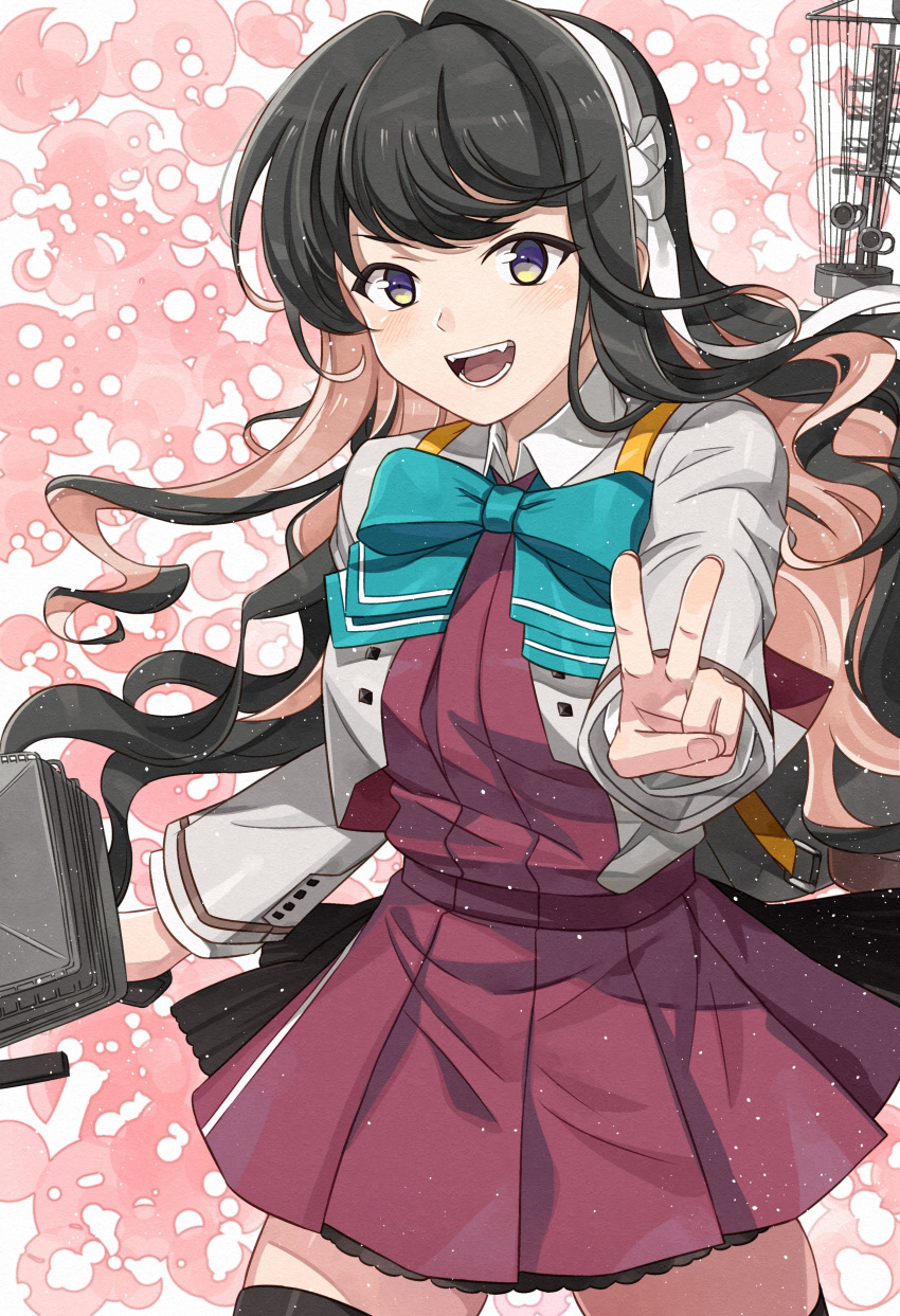1girl absurdres aqua_bow aqua_bowtie black_hair blazer blouse bow bowtie breasts cannon dress eyebrows_visible_through_hair fang grey_legwear hair_between_eyes hair_down hairband halterneck highres jacket kanmiya_shinobu kantai_collection large_breasts long_hair looking_at_viewer machinery multicolored_background multicolored_hair naganami_(kancolle) open_mouth pink_background pink_hair pleated_dress pleated_skirt purple_dress purple_legwear remodel_(kantai_collection) rigging school_uniform shirt skirt smile smokestack solo thighhighs turret two-tone_hair v vest wavy_hair white_background white_blouse white_hairband white_shirt