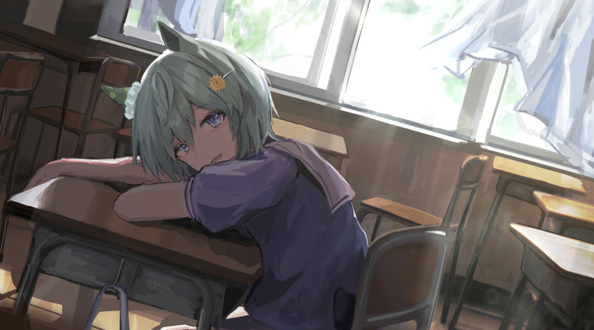 1girl animal_ears blue_eyes classroom dutch_angle ear_ornament from_side grey_hair hair_between_eyes hair_ornament hairclip highres horse_ears indoors leaning_forward light_rays looking_at_viewer open_mouth purple_shirt school_uniform seikatsu seiun_sky_(umamusume) shirt short_hair solo umamusume upper_body