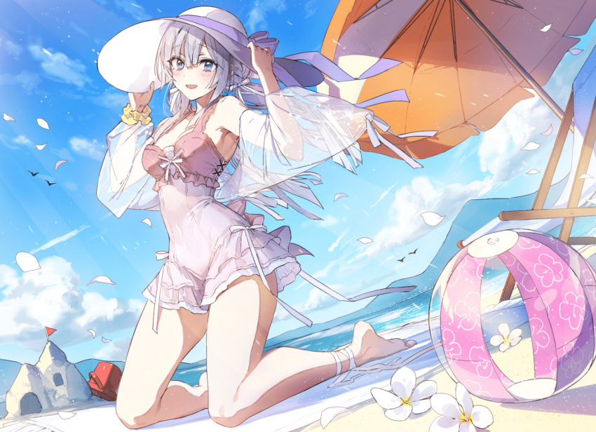 1girl :d amamiya_chitose ball bangs bare_shoulders barefoot beach beach_chair beach_umbrella beachball bird blue_eyes blue_sky blush bow breasts bucket bullet_code:_firewall cloud covered_navel day dengeki_bunko dutch_angle eyebrows_visible_through_hair flower frilled_swimsuit frills full_body hair_bow hat hat_ribbon holding holding_clothes holding_hat kneeling leg_ribbon light_purple_hair long_hair looking_at_viewer low_twintails medium_breasts mountainous_horizon official_art one-piece_swimsuit open_mouth outdoors petals purple_ribbon ribbon sand_castle sand_sculpture scrunchie sky smile solo sun_hat swimsuit thighs twintails umbrella wattaro white_bow white_flower white_headwear white_ribbon wrist_scrunchie yellow_scrunchie