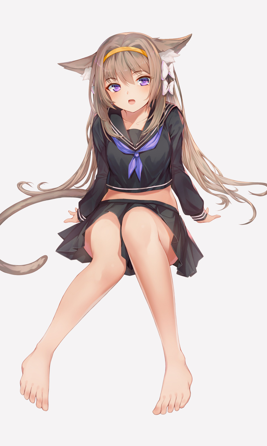 1girl :o absurdres animal_ear_fluff animal_ears arm_support bare_legs barefoot black_sailor_collar black_shirt black_skirt blush bow breasts brown_hair btraphen cat_ears cat_girl cat_tail collarbone commentary crop_top english_commentary feet full_body grey_background hair_bow hair_intakes hairband highres long_hair long_sleeves looking_at_viewer midriff miniskirt neckerchief open_mouth original purple_eyes purple_neckerchief sailor_collar school_uniform serafuku shirt sidelocks simple_background sitting skirt solo tail thighs very_long_hair white_bow