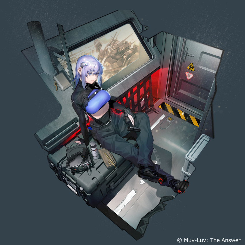 1girl bangs black_footwear black_pants blue_eyes boots breasts commentary_request crop_top cryska_barchenowa gun hair_behind_ear handgun highres holding holding_gun holding_weapon immortals:_muvluv_alternative large_breasts looking_at_viewer looking_up mecha muvluv muvluv_alternative muvluv_total_eclipse official_art pants revolver science_fiction silver_hair solo su-37_terminator_(muvluv) sugimoto_gang tactical_surface_fighter weapon