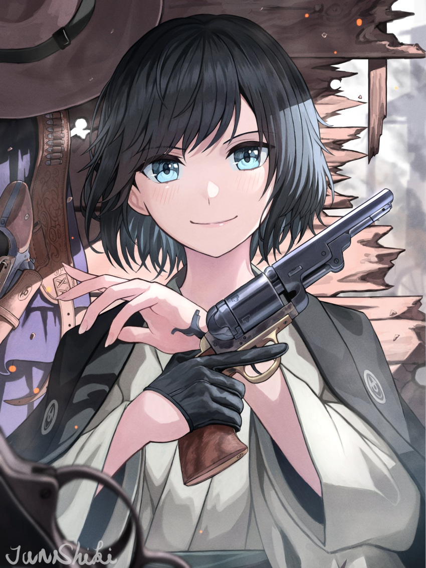 1girl antique_firearm bandolier black_gloves black_hair blue_eyes cartridge character_request check_character closed_mouth colt_1851_navy gloves gun half_gloves handgun hat headwear_removed highres holding holding_weapon japanese_clothes junshiki looking_at_viewer original pistol revolver short_hair signature single_glove smile solo upper_body weapon wood