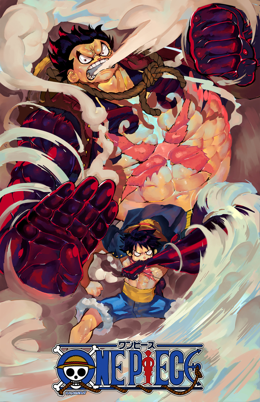 1boy abs absurdres black_hair burn_scar cargo_shorts colored_skin commentary_request copyright_name gear_fourth hat highres kainonaut looking_at_viewer male_focus monkey_d._luffy multicolored_skin multiple_views muscular muscular_male one_piece open_clothes open_shirt pectorals red_skin rope scar scar_on_chest short_hair shorts standing steam stomach straw_hat v-shaped_eyebrows